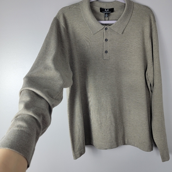 Magaschoni Polo Collar Wool Blend TAUPE HEATHER Pullover Top Mens Knit Polo Sz L - Picture 1 of 10